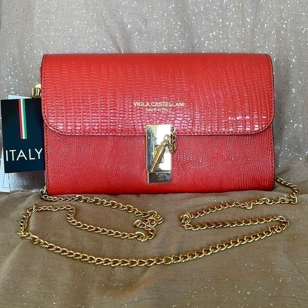 Brand New Viola Castellani Genuine Italian Leather Coral Crossbody Chain Purse